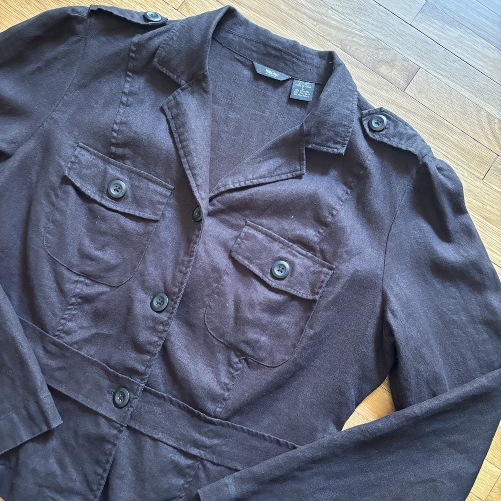 VTG‎ Y2K Mossimo Black Pocket Long Sleeve 100% Linen Cropped Jacket Women Large
